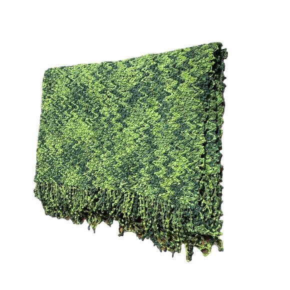Unique Green Knit Throw Blanket Multi-Color Ziz Zag Fringe Cover Chevron Bedding - Picture 1 of 4